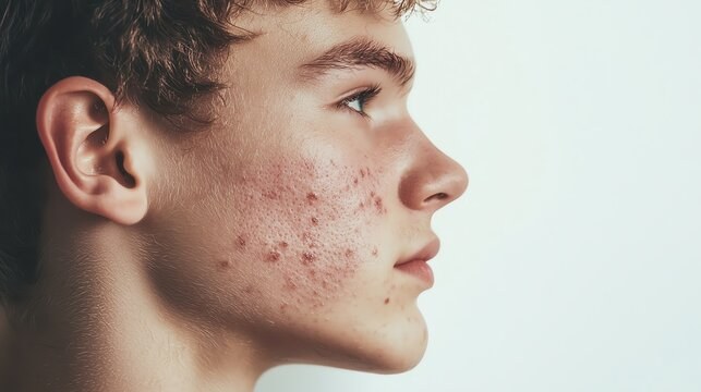 A face in profile with active breakouts — acne.